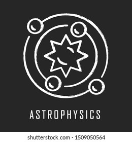 Astrophysics chalk icon. Astronomy branch. Study of universe, stars, planets, galaxies. Astrophysical discoveries. Cosmology, Solar System science. Isolated vector chalkboard illustration