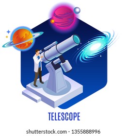 Astrophysics isometric background composition with astronomer observing colorful planets galaxy celestial bodies  with optical telescope vector illustration