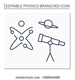Astrophysics line icon. Space science. Physics and chemistry laws to explain birth, life and death of stars, planets, galaxies. Physical branches concept. Isolated vector illustration. Editable stroke