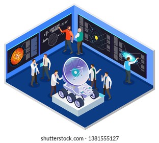 Astrophysics research center interior  isometric composition with scientists preparing for mobile radio telescope space mission vector illustration