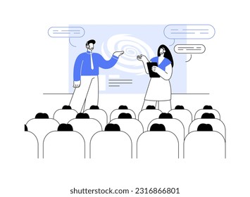 Astrophysics research findings abstract concept vector illustration. Group of astrophysicists at scientific conference, astronomy findings discussion, natural science abstract metaphor.