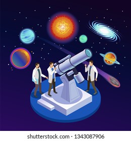 Astrophysics round isometric composition with astronomers observing planets meteorites galaxies with optical telescope starry background vector illustration