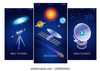 Astrophysics space research science mission 3 vertical isometric banners with radio and small optical telescopes vector illustration