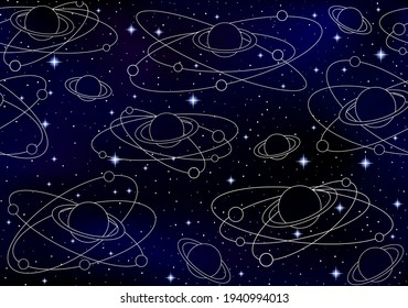 Astrophysics vector seamless pattern with hand drawn planets, planet rings