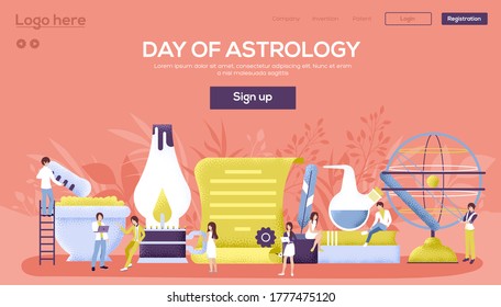 Astropology inventory concept flyer, web banner, ui header, enter site. People character with items around astropology inventory background. Grain texture and noise effect.