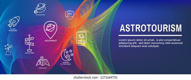 Astrotourism Space Travel or Tourism Web Header Banner w spaceship, telescope, and planets