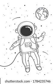 Astrounaut floating in space. Hand drawn sketch design illustration. Childish print for nursery. Vector.