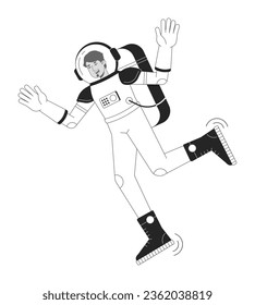 Astrounaut in space suit flat line black white vector character. Arabian man in cosmos. Editable outline full body person. Simple cartoon isolated spot illustration for web graphic design