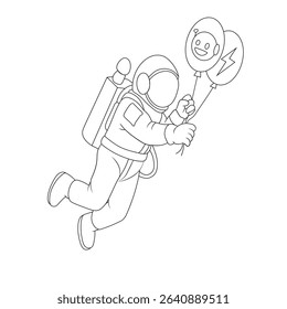 astrounut line art fly with two  balloons ,robot draing and energy