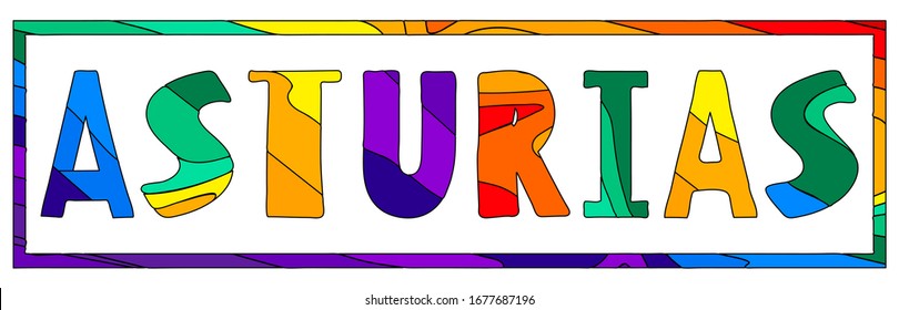 Asturias. Multicolored bright funny cartoon isolated inscription in frame. Colorful letters. Spain Asturias for print on clothing, spanish t-shirt, banner, flyer, card, souvenir. Stock vector picture.