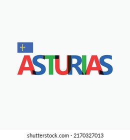 Asturias RGB colorful overlapping letters typography with its national flag. Spanish autonomous community rainbow text decoration.