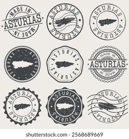 Asturias, Spain Set of Stamps. Country Travel Marks. Made In Product. Design Seals Old Style Insignia.