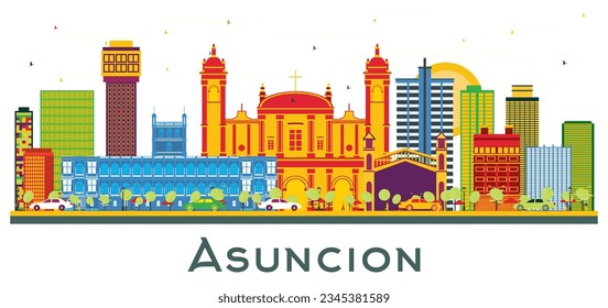 Asuncion Paraguay City Skyline with Color Buildings isolated on white. Vector Illustration. Business Travel and Tourism Concept with Modern Architecture. Asuncion Cityscape with Landmarks.