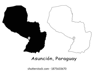 Asuncion, Paraguay. Detailed Country Map with Location Pin on Capital City. Black silhouette and outline maps isolated on white background. EPS Vector