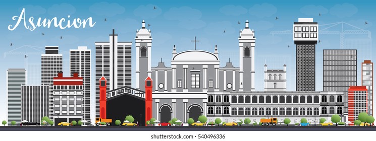 Asuncion Skyline with Gray Buildings and Blue Sky. Vector Illustration. Business Travel and Tourism Concept with Modern Architecture. Image for Presentation Banner Placard and Web Site