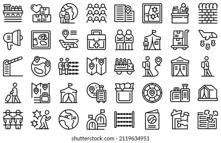 Asylum seeker icons set outline vector. Migration refugee. Abroad family