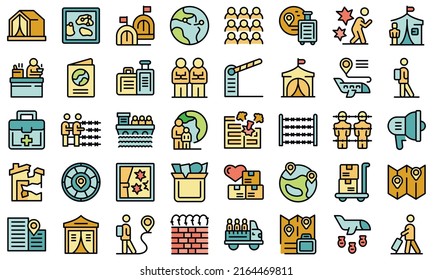 Asylum seeker icons set outline vector. Migration refugee. Abroad family