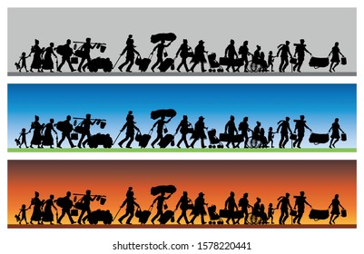 Asylum seekers silhouette with different backgrounds. The silhouette objects and backgrounds are in different layers. 