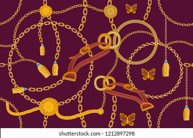 Asymetric golden print. Seamless vector pattern with straps, chains and coins. Vintage textile collection. On purple background. Asymetric golden print. Seamless vector pattern with straps, chains and coins. Vintage textile collection. On purple background.