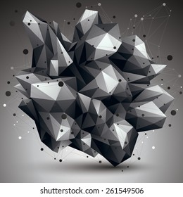Asymmetric 3D abstract object with connected lines and dots, geometric form with lattice structure.