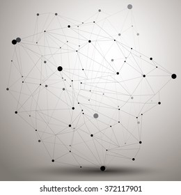 Asymmetric 3D abstract object with connected lines and dots, geometric form with lattice structure.