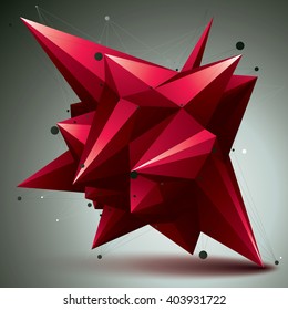 Asymmetric 3D abstract red object with connected lines and dots, geometric form with lattice structure.