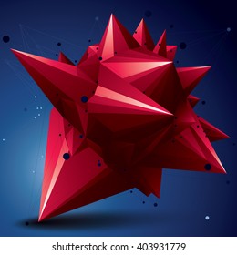 Asymmetric 3D abstract red object with connected lines and dots, geometric form with lattice structure.