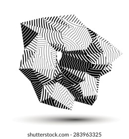 Asymmetric 3D abstract striped object, monochrome geometric spatial form. Render and modeling.
