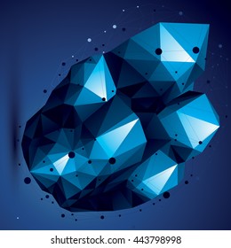 Asymmetric 3D blue abstract object with connected lines and dots, geometric form with lattice structure.