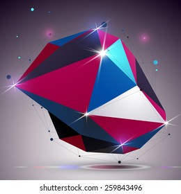 Asymmetric 3d technology glossy shape with connected lines and dots. Lattice bright engineering element, best for use in web design. Dimensional mesh object.