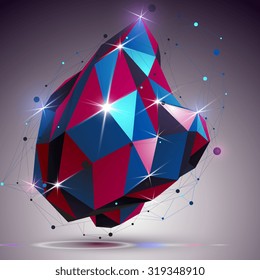 Asymmetric 3d technology glossy shape with connected lines and dots. Lattice bright engineering element, best for use in web design. Dimensional mesh object.