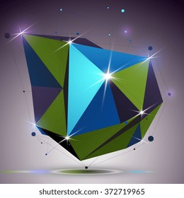 Asymmetric 3d technology glossy shape with connected lines and dots. Lattice bright engineering element, best for use in web design. Dimensional mesh object.