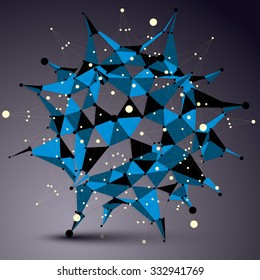 Asymmetric 3D vector abstract construction with black and white connected lines and dots, blue geometric form with lattice structure.
