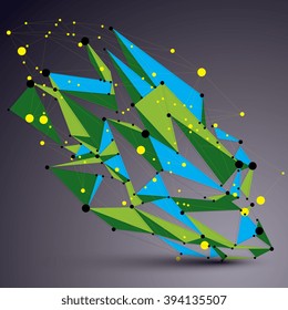 Asymmetric 3D vector abstract construction with yellow connected lines and dots, colorful geometric form with lattice structure.