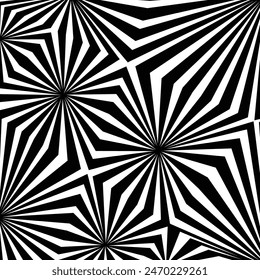 Asymmetric abstract nirmana background. Black-and-white op art, optical illusion with a random grid and one dot at each center, where lines converge at the dots.