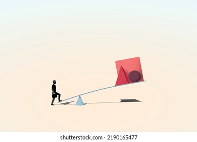 Asymmetric approach in business, a metaphorical vector illustration, effective asymmetric strategy, advantage in business, a businessman counterintuitively easily lifts large weight with a lever