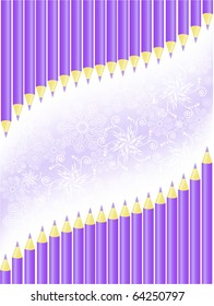 asymmetric background of purple pencils and snowflakes