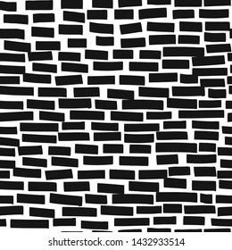 Asymmetric brick wall hand drawn vector seamless pattern. Rectangles geometrical simple abstract texture. Black, monochrome sketch on white background. Minimalist wrapping paper textile design