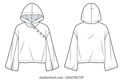Asymmetric Button up Crop Hoodie with Wide Sleeves Technical Fashion Illustration. Hooded Sweatshirt fashion flat technical drawing template, front and back view, white, women, men, unisex CAD mockup.