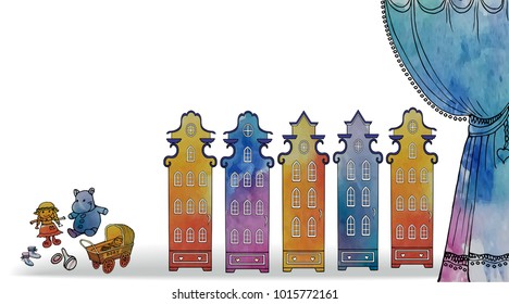 Asymmetric card with toy antique colorful houses, a set of children's toys, a stroller behind a curtain vector outline in black lines and bright watercolor spots