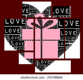 asymmetric cubic picture frame background with love heart and type font love words together with gift and present packaging box together vector print pattern decorative valentines day graphic design