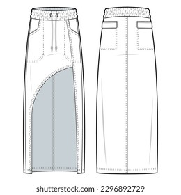 Asimetría de corte maxi con ilustración de moda técnica de cintura de levadura. Maxi falda de dibujo plano ilustración de la plantilla de vector. vista frontal y posterior. aislado en color blanco. Juego de simulación de CAD.