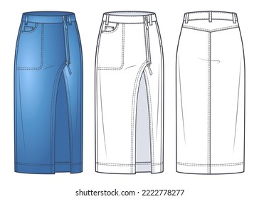 Asymmetric Denim Skirt technical fashion illustration, blue design. Midi Skirt fashion flat sketch template, zip up, front pocket, slit, front and back view, white, CAD mockup set.