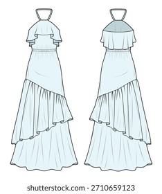 Asymmetric dress flat drawing vector design mockup template.