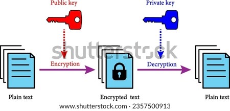 Asymmetric encryption scheme.  Key is used to encrypt and a second to decrypt.Vector illustration [[stock_photo]] © 
