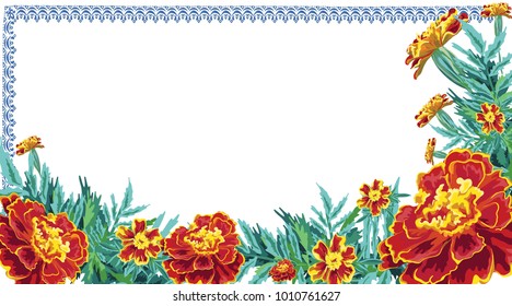 asymmetric  frame of embroidery and flowers of marigolds of black-scorers brightly realistically wounded in vector