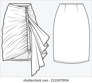 ASYMMETRIC GATHERED SKIRT FOR WOMEN IN EDITABLE VECTOR FILE