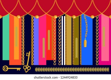 Asymmetric geometric print. Seamless vector pattern with stpipes, chains and decorative elements. Vintage textile collection. Red, black.