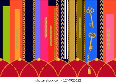 Asymmetric geometric print. Seamless vector pattern with stpipes, chains and decorative elements. Vintage textile collection. Red, pink, black.