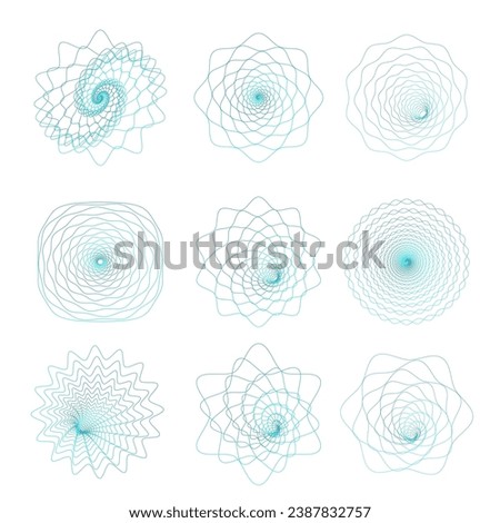 Asymmetric Guilloche rosettes set for backgrounds of certificate,diploma and money banknote. Thin trendy Watermark, security sign for business contracts, notarial documents. Lace vector contour design